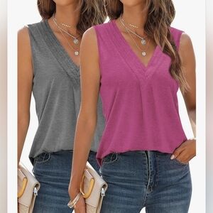 2 Pack Womens V Neck Basic Flowy Casual Sleeveless Summer Tank Tops Pink Grey